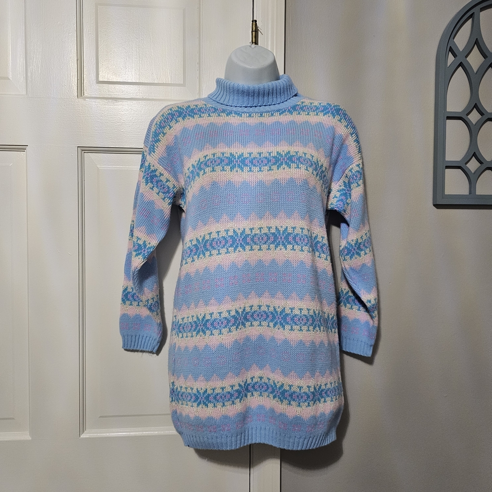 Camo Pastel Blue Patterned Turtleneck Sweater